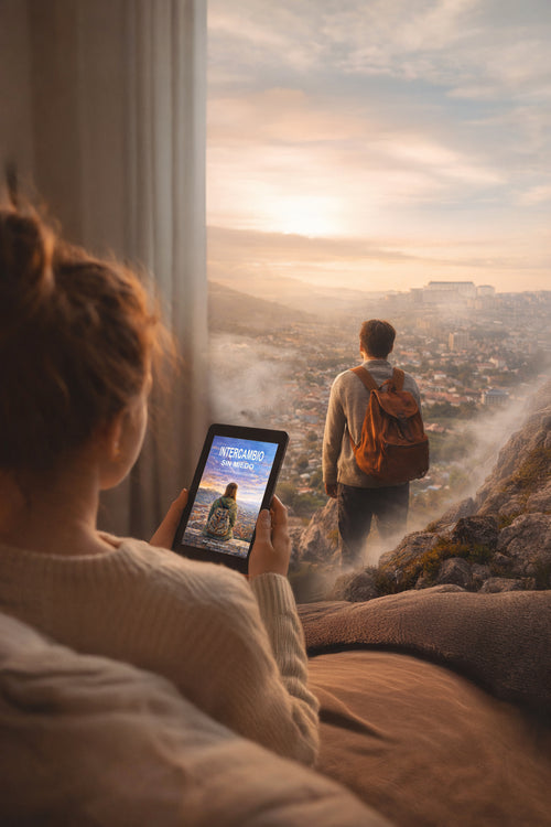 Person holding a tablet with a scenic view of a person on a mountain, sitting indoors.